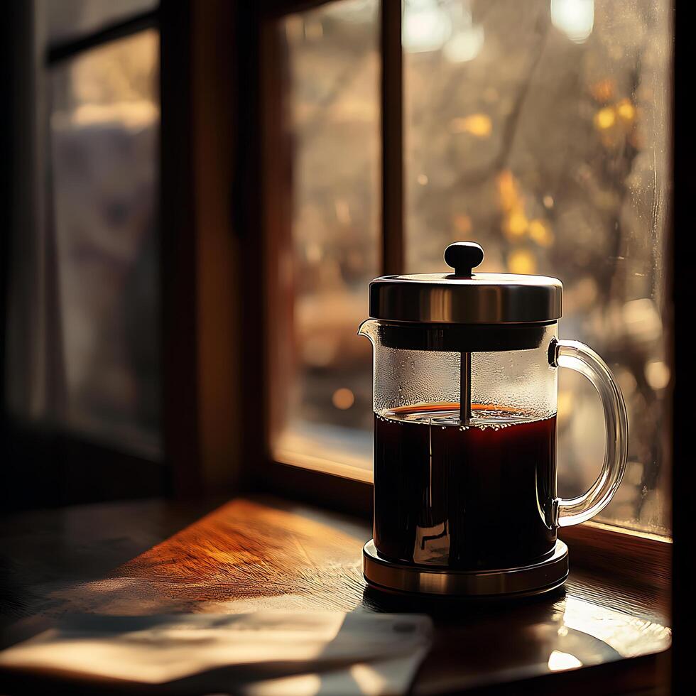 A French press coffee maker filled with strong coffee photo