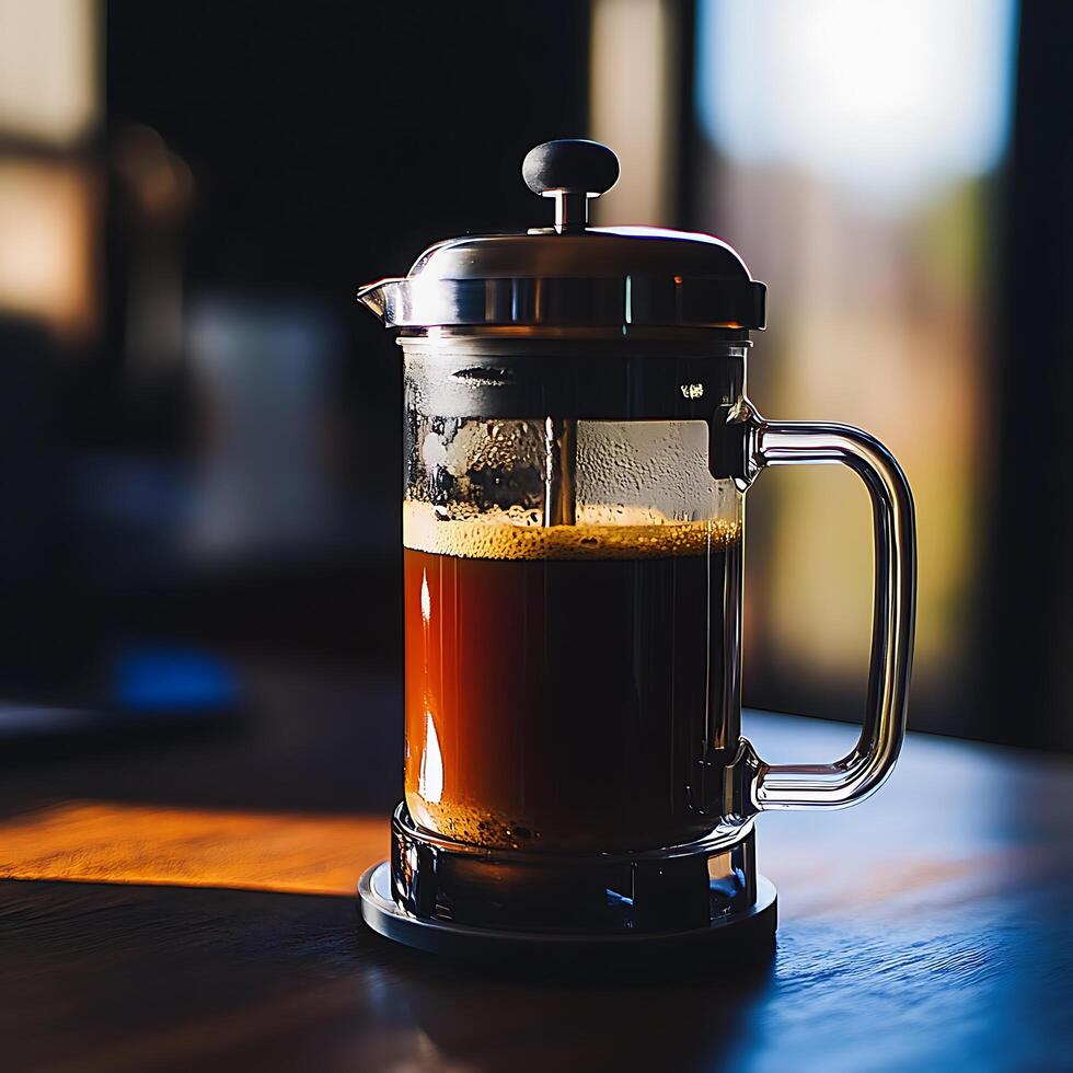 A close-up medium shot of a French press filled with coffee photo