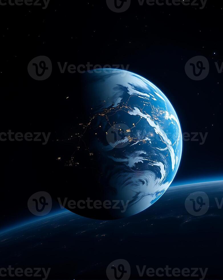 Earth from space with stars and moon photo