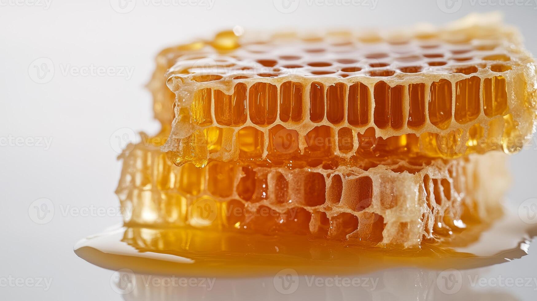Close-up of golden honeycomb with dripping honey on a light background photo