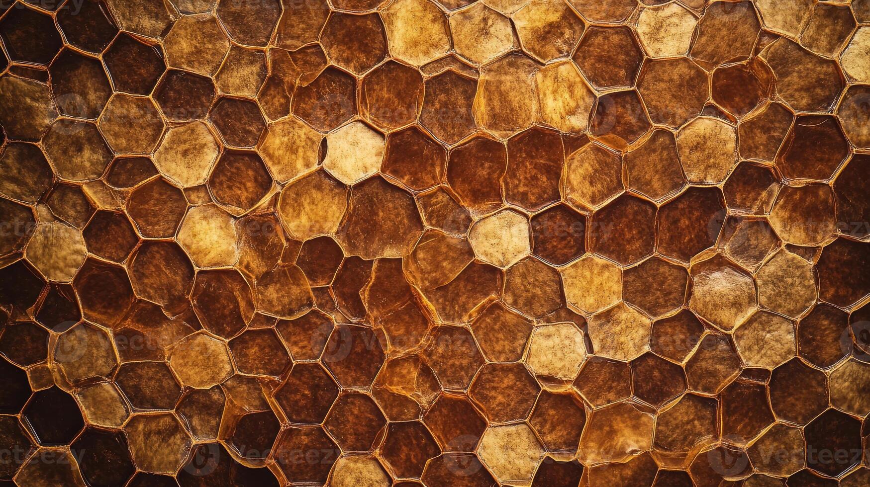 Close-up view of honeycomb texture with warm brown hexagonal patterns photo