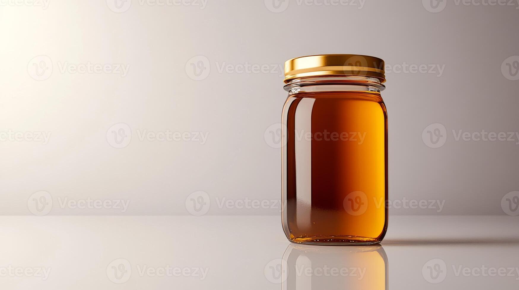 Glass jar with golden lid filled with honey on white surface with neutral background photo