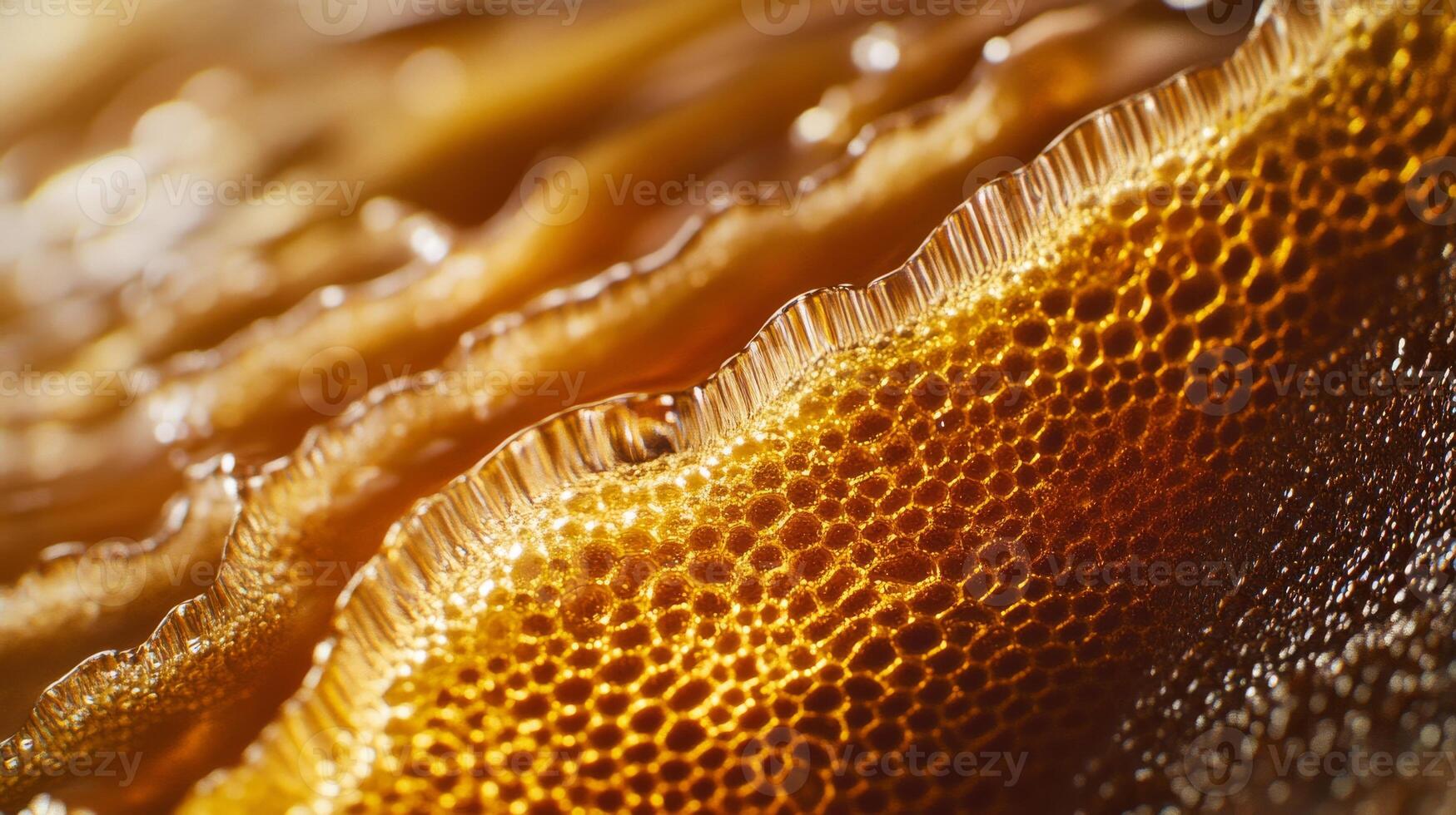 Glowing honeycomb close-up with golden honey texture under soft light photo
