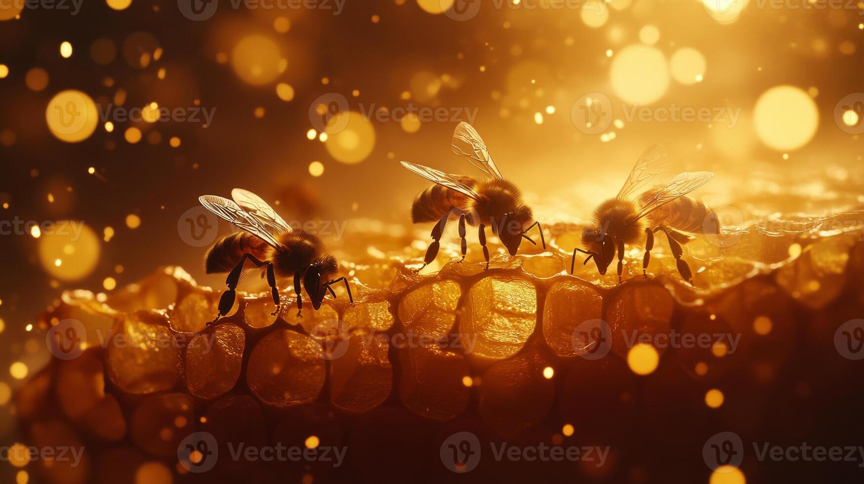 Honeybees on golden honeycomb with glowing light and sparkling bokeh photo