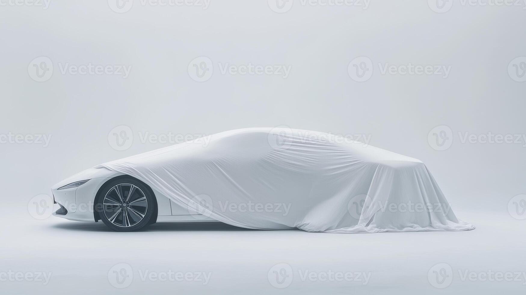 Sleek white car concealed under elegant fabric in minimalist studio photo