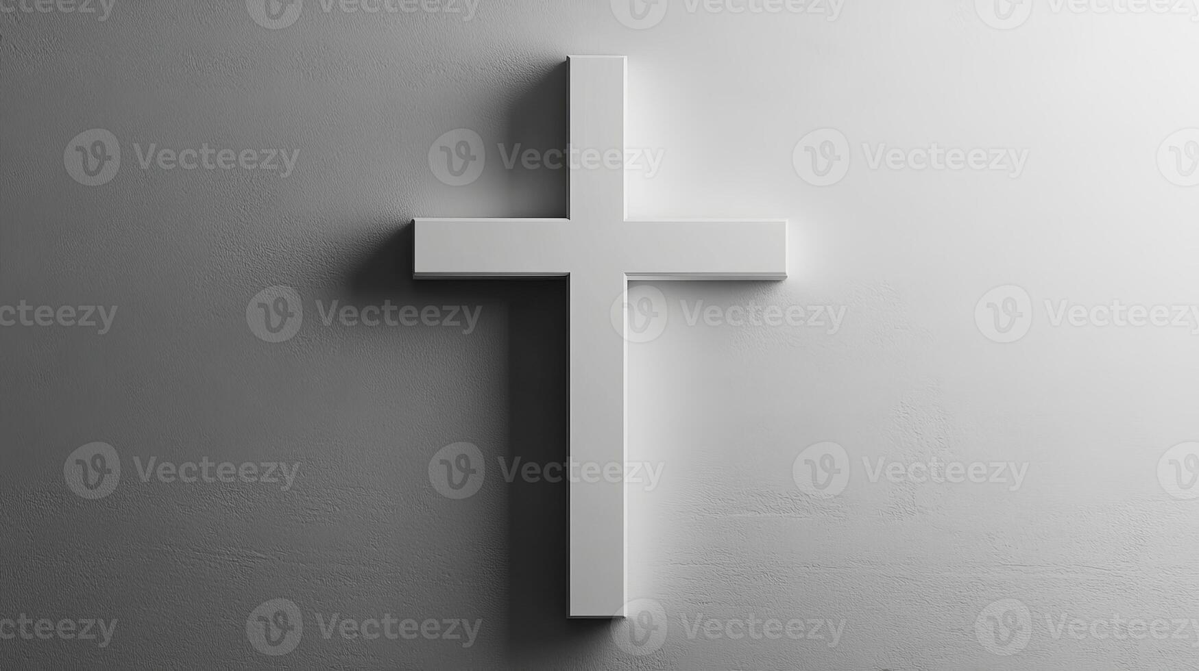 Minimalist white christian cross on light gray wall photo