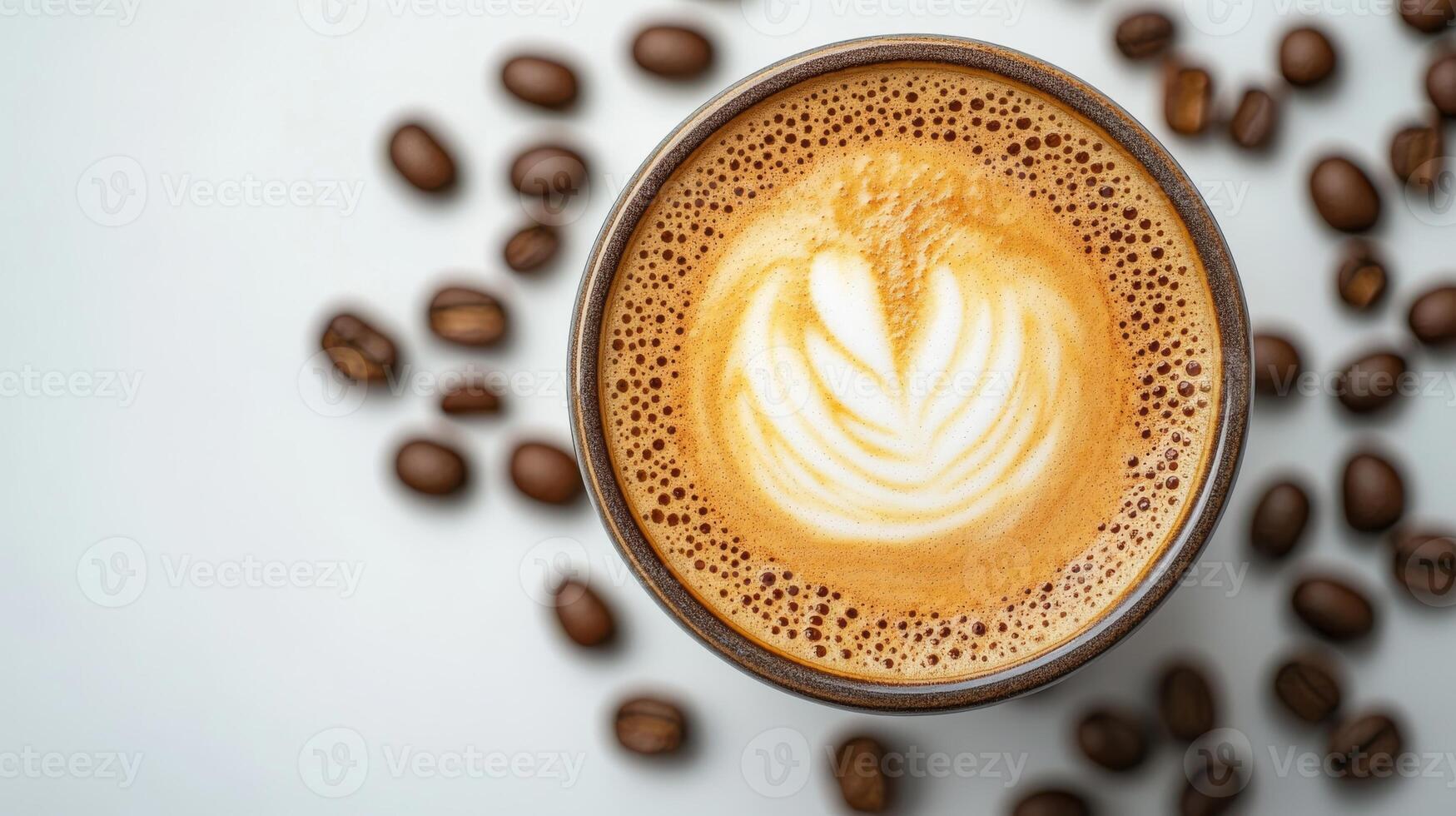 Artistic cappuccino with latte art and coffee beans on white background photo