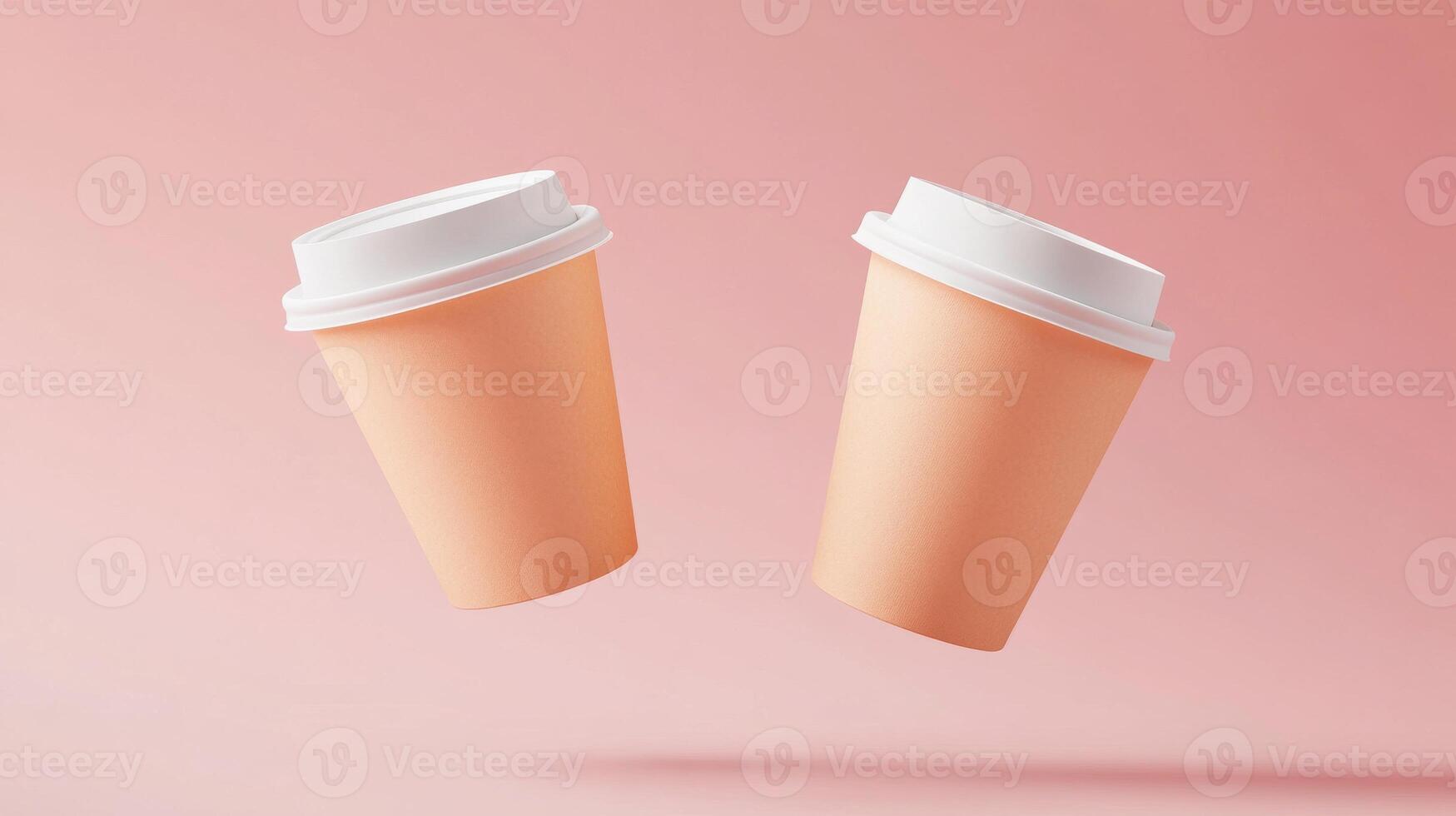 Floating duo of peach disposable coffee cups with white lids on soft pink background photo