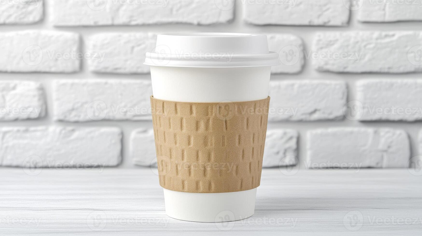 Disposable coffee cup with holder against white brick wall background photo