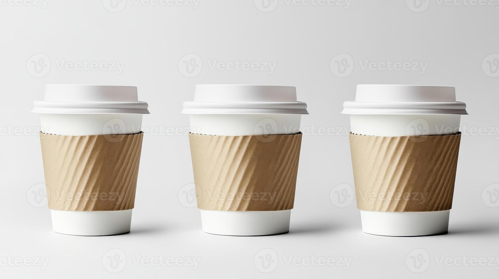 Three coffee cups with ripple cardboard sleeves on minimalist white background photo