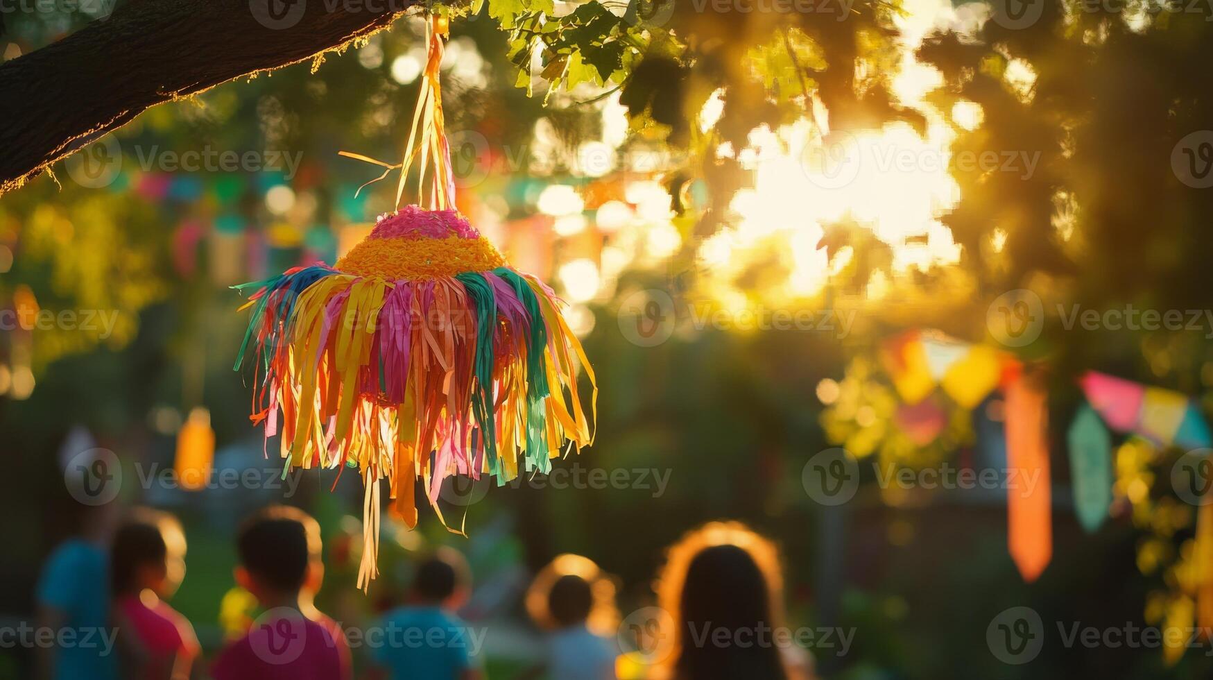 Colorful pinata hanging at sunset party in garden with children celebrating photo
