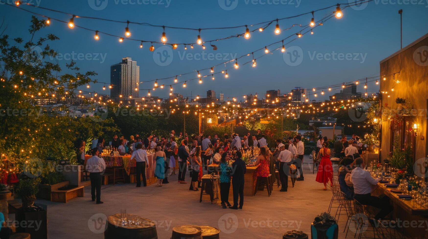 Evening rooftop party with diverse adults under string lights in urban setting photo