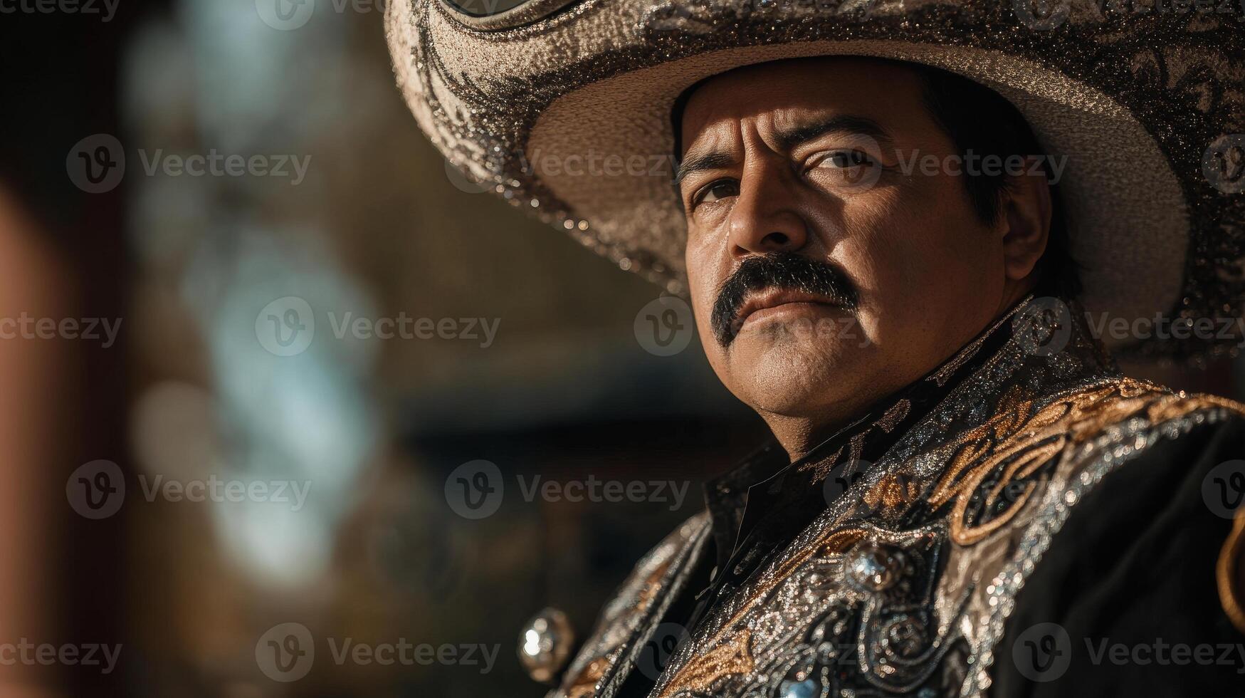 Hispanic male in embroidered jacket and hat outdoors photo