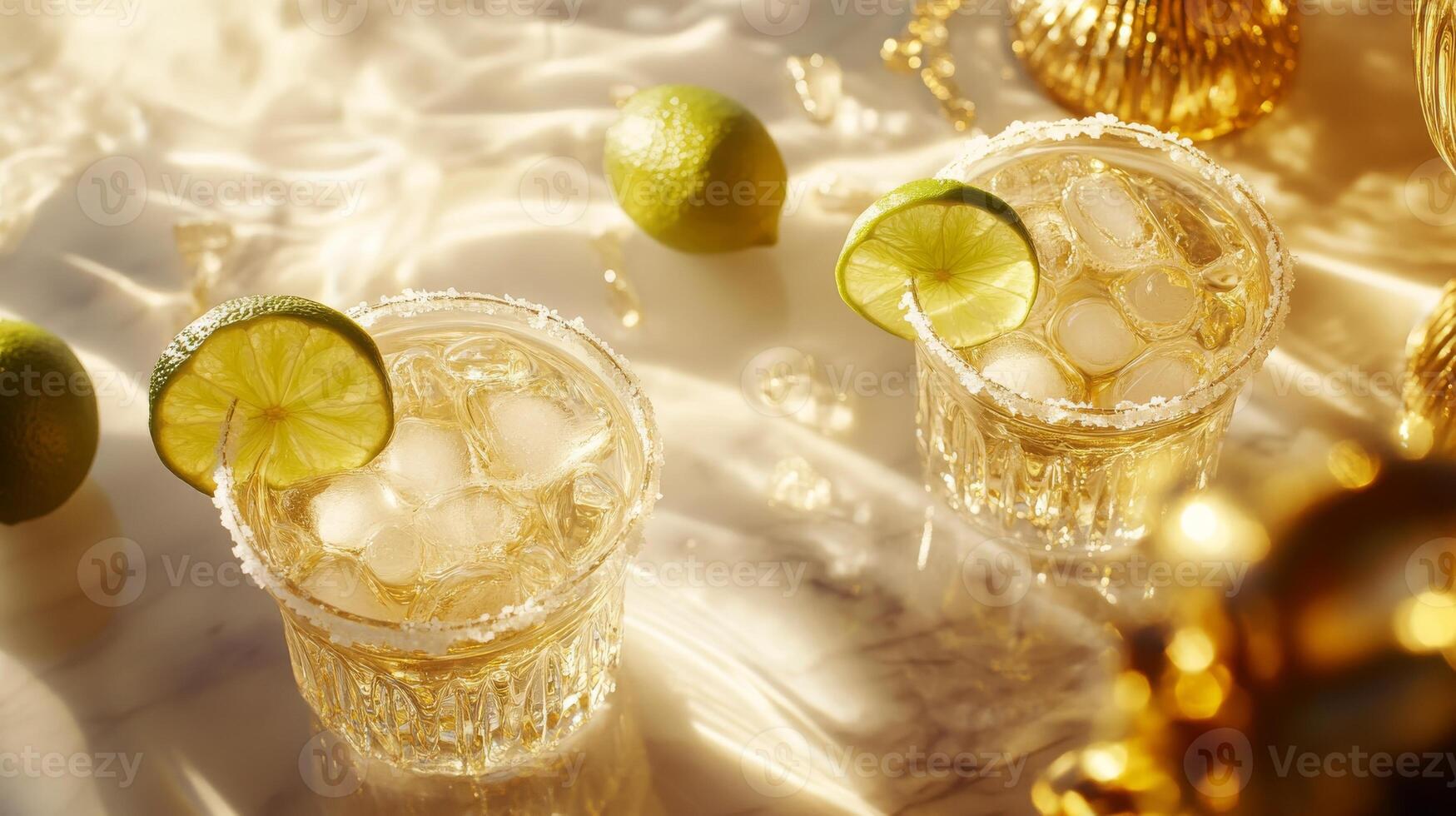 Refreshing lime margaritas on ice with salt rim in sunlit atmosphere photo