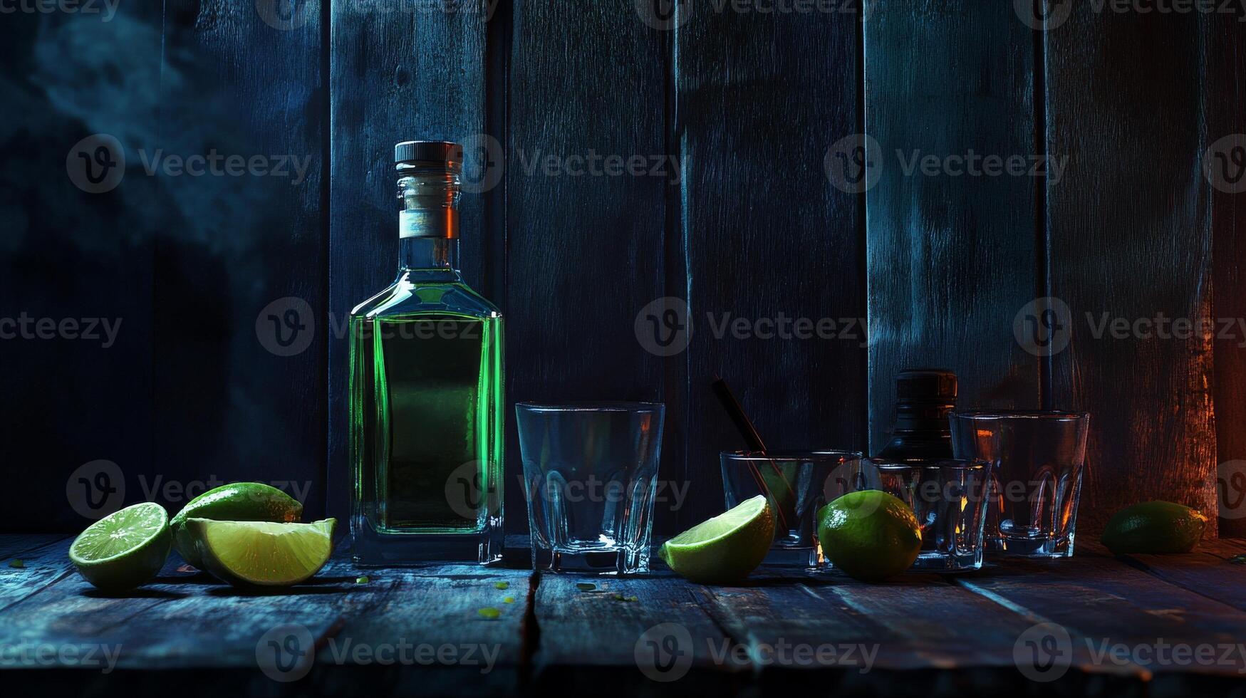 Tequila bottle and limes on rustic wooden table in dimly lit bar setting photo