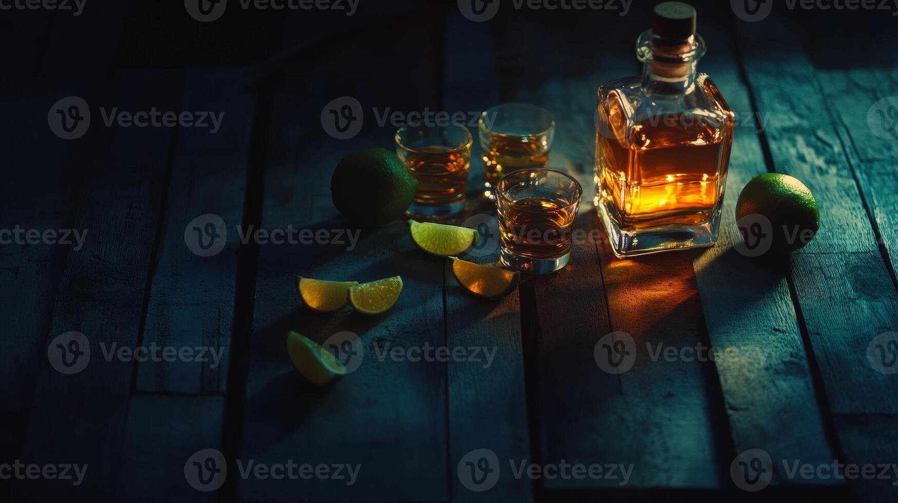 Whiskey bottle and glasses with lime slices on wooden table in moody lighting photo