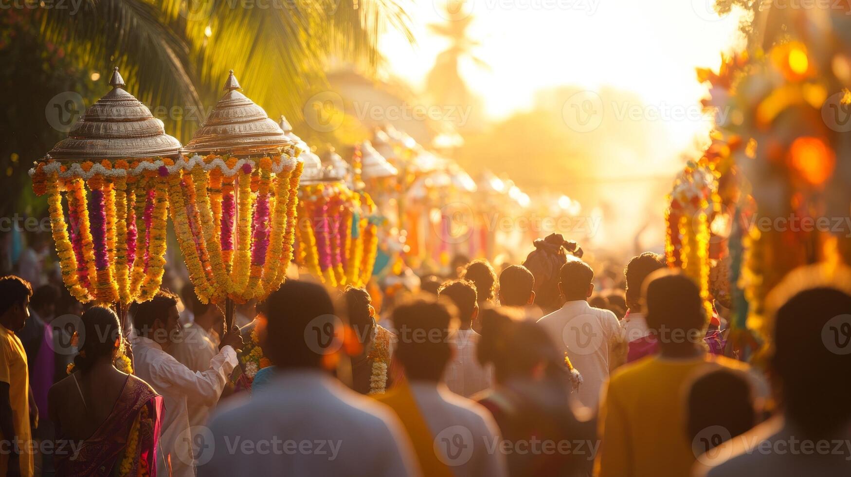 Colorful outdoor vishu festival procession in sunlit tropical setting.Vishu day photo