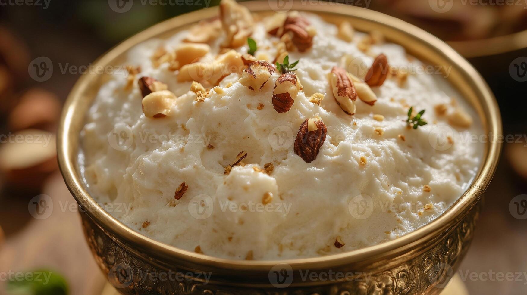 Close up of traditional kerala dessert with nuts in an ornate bowl.Vishu day photo