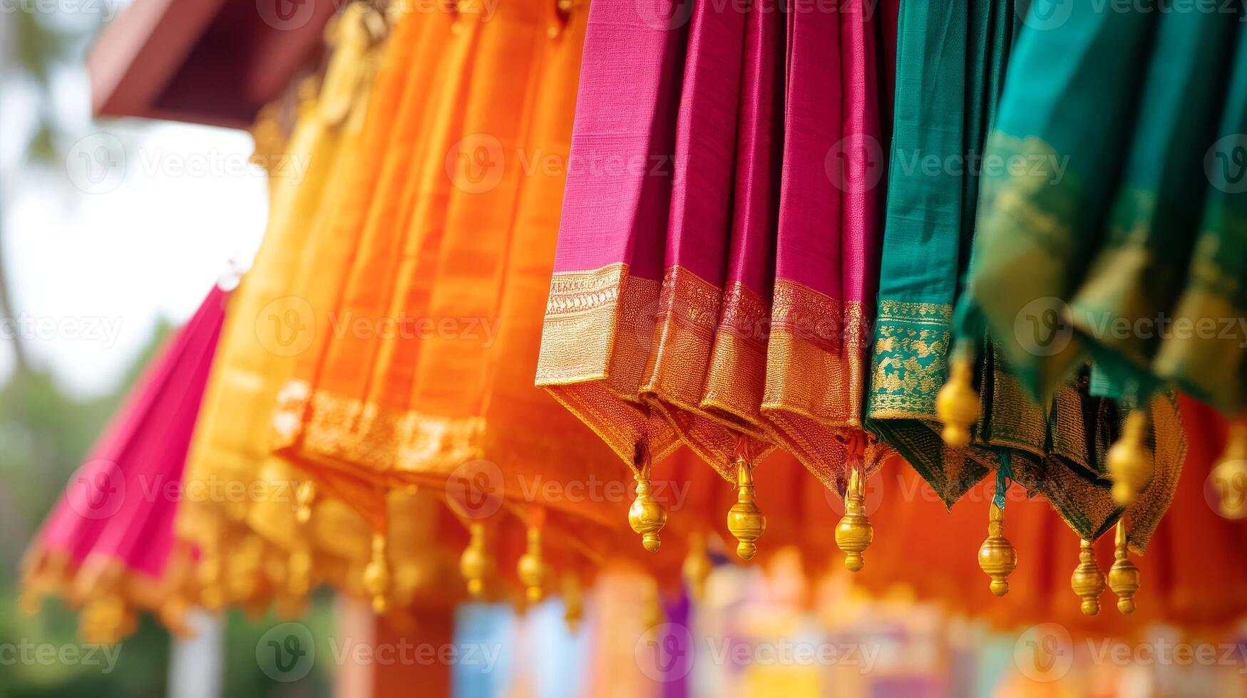 Close-up of colorful traditional fabrics with intricate patterns for cultural design.Vishu day photo
