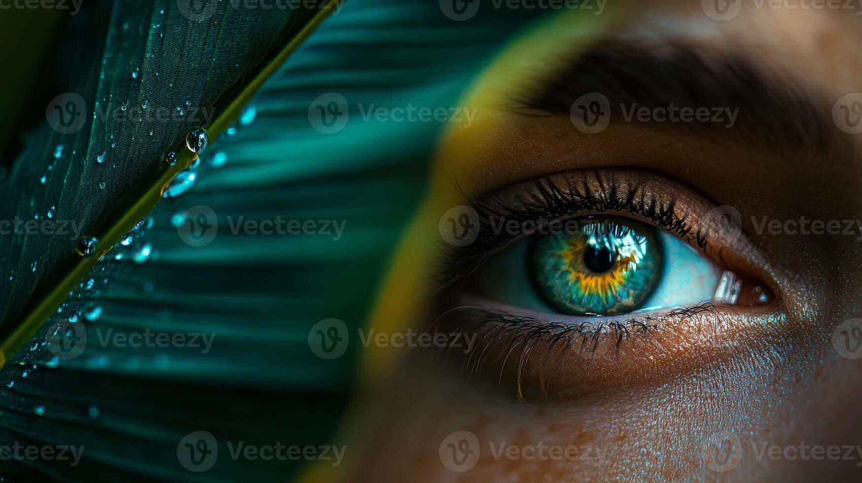 Close-up of human eye peeking through vibrant dew-covered banana leaf texture.Vishu day photo