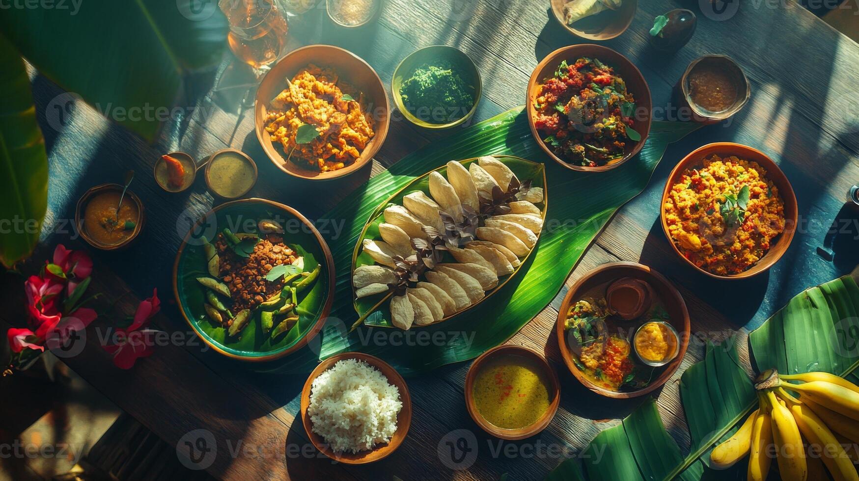 Colorful overhead flat lay of traditional indian cuisine with varied dishes on wooden table.Vishu day photo