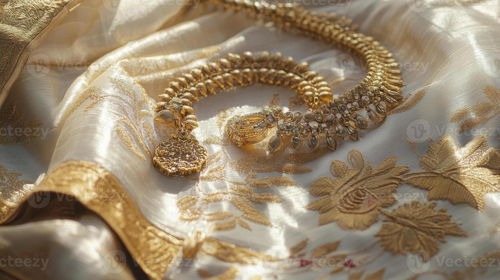 Elegant kerala kasavu saree and golden jewelry flat lay for festive celebrations.Vishu day photo