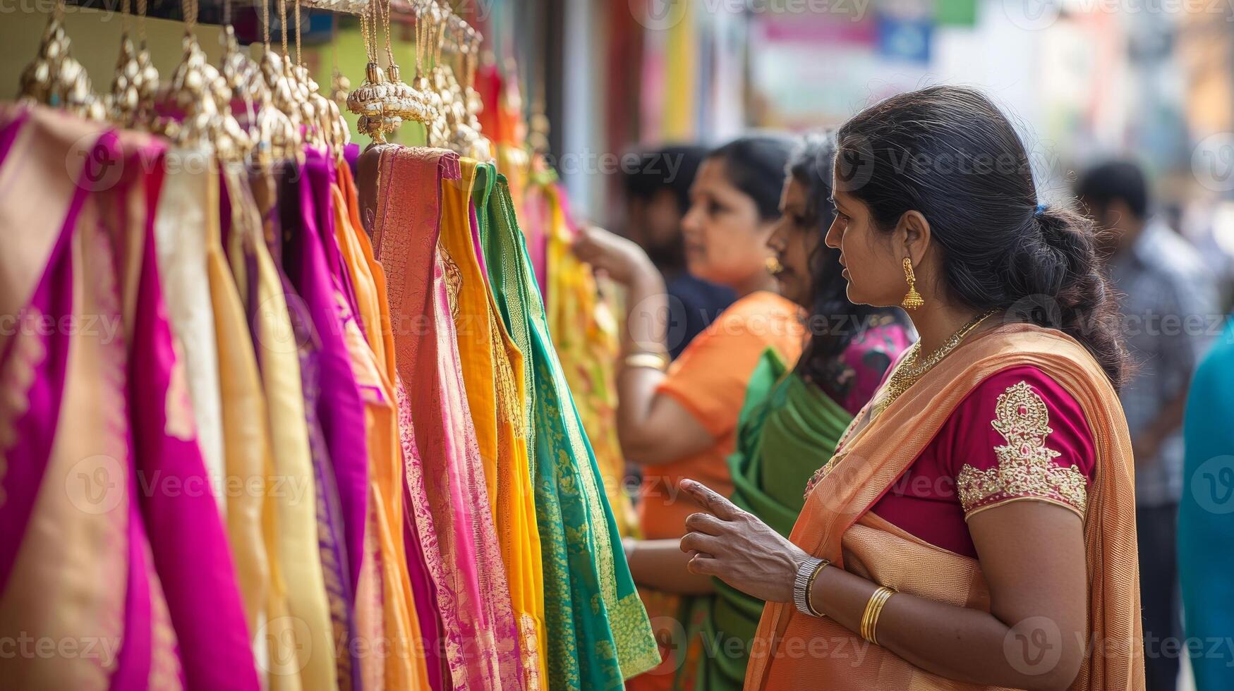 Festive vishu shopping scene with colorful sarees in a bustling street.Vishu day photo