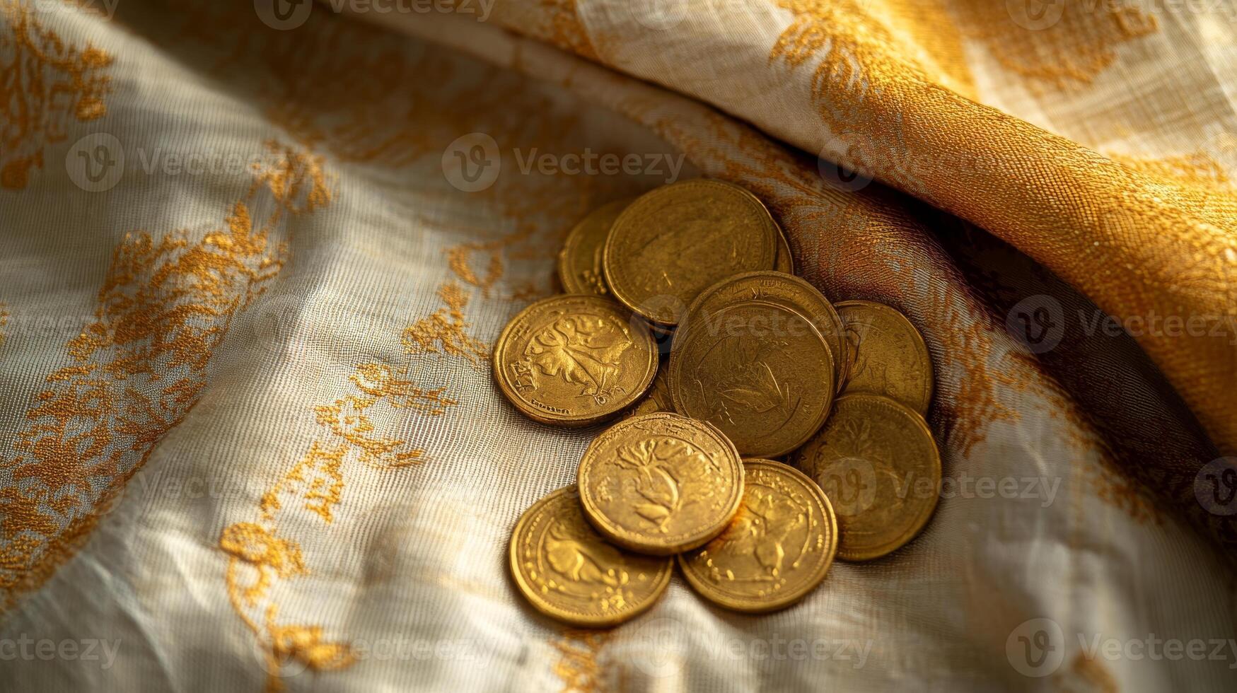 Festive golden coins on luxurious fabric background for celebration themes.Vishu day photo
