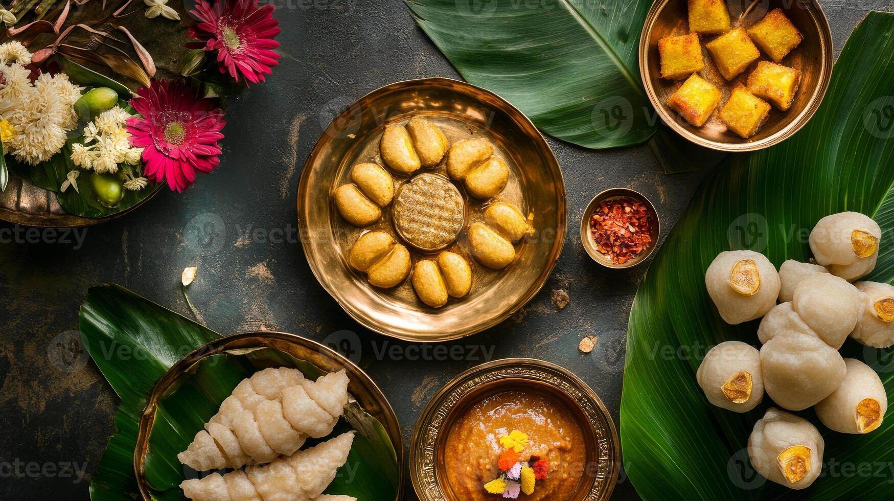Flat lay of traditional kerala sweets on banana leaves for festive occasions.Vishu day photo