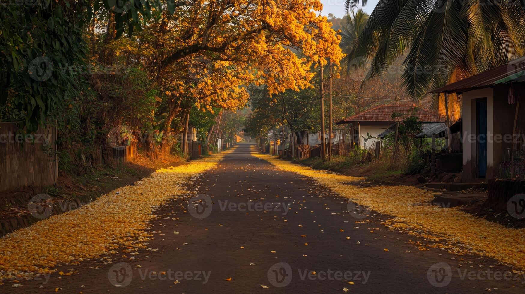 Golden konna trees lining a peaceful road in serene landscape for tranquil nature scene.Vishu day photo