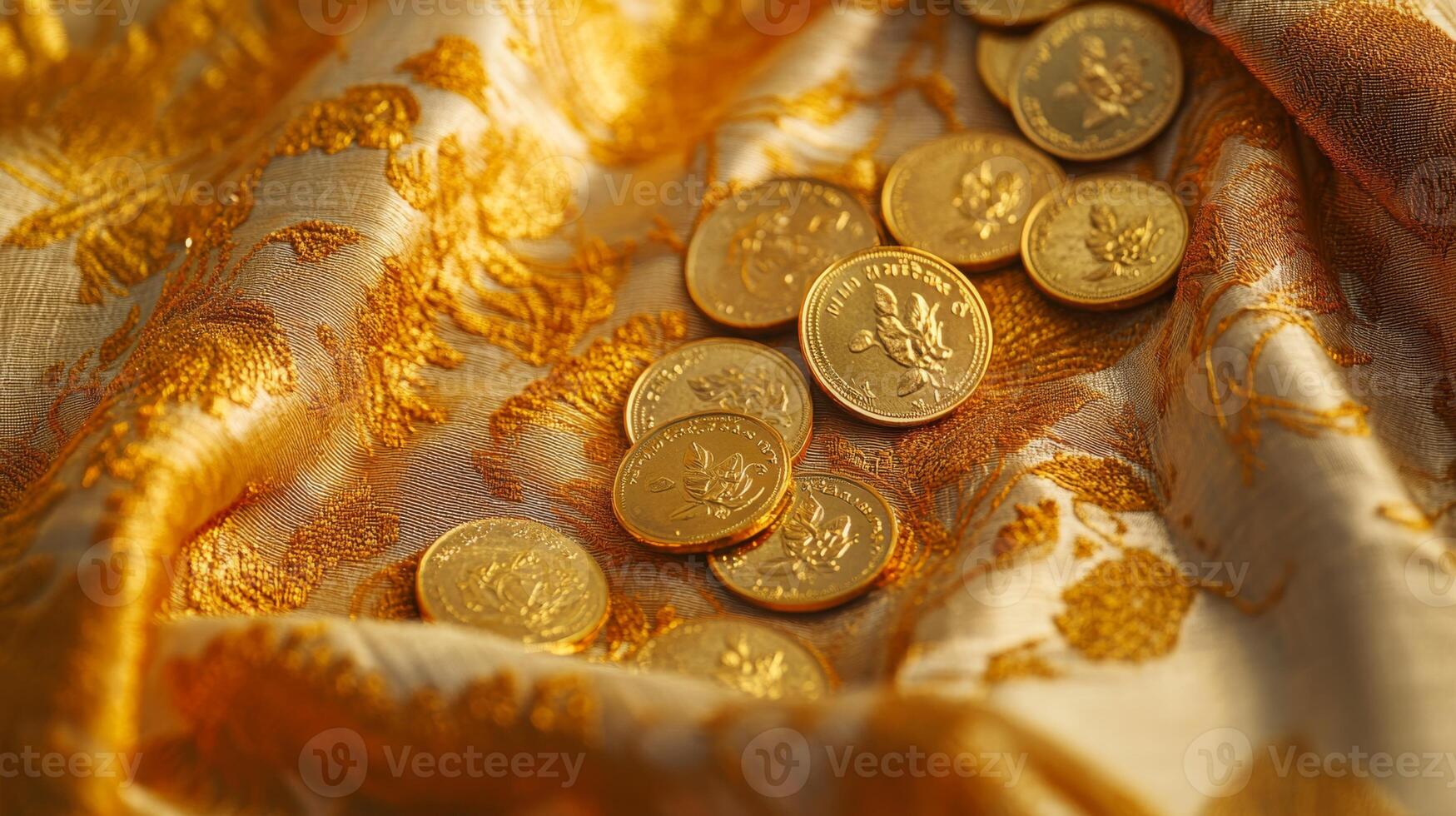 Golden coins on ornate fabric capturing festive wealth and prosperity.Vishu day photo