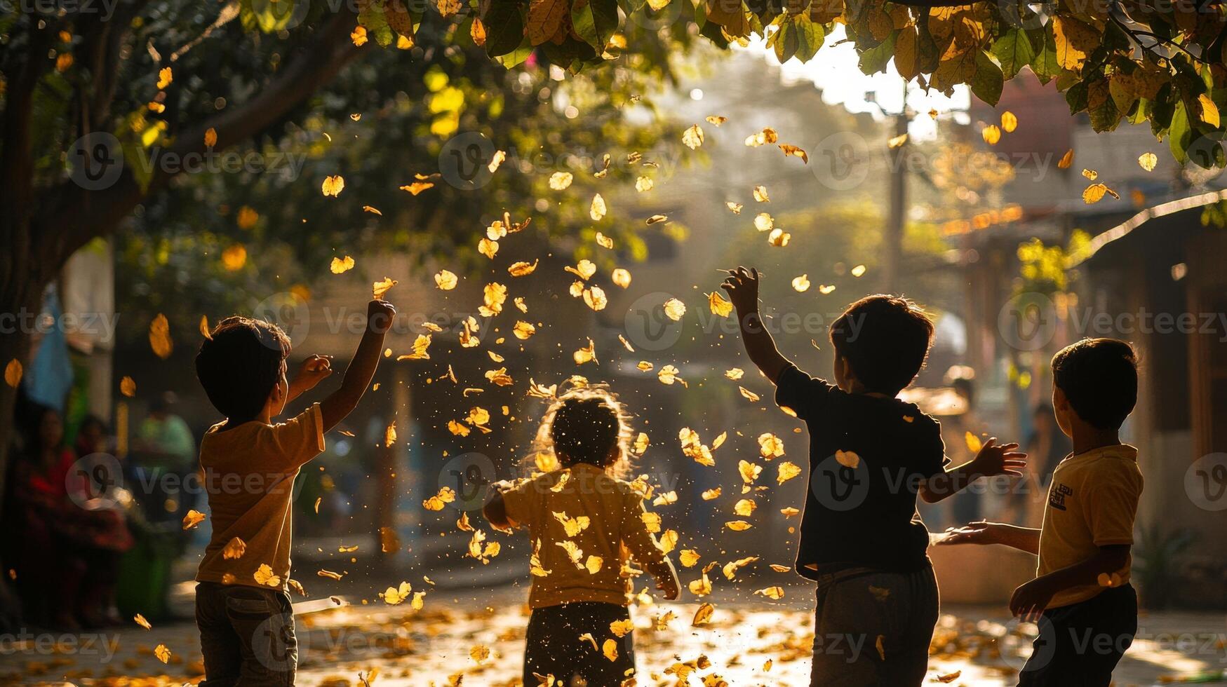 Joyful autumn playtime with children in sunlit park setting.Vishu day photo