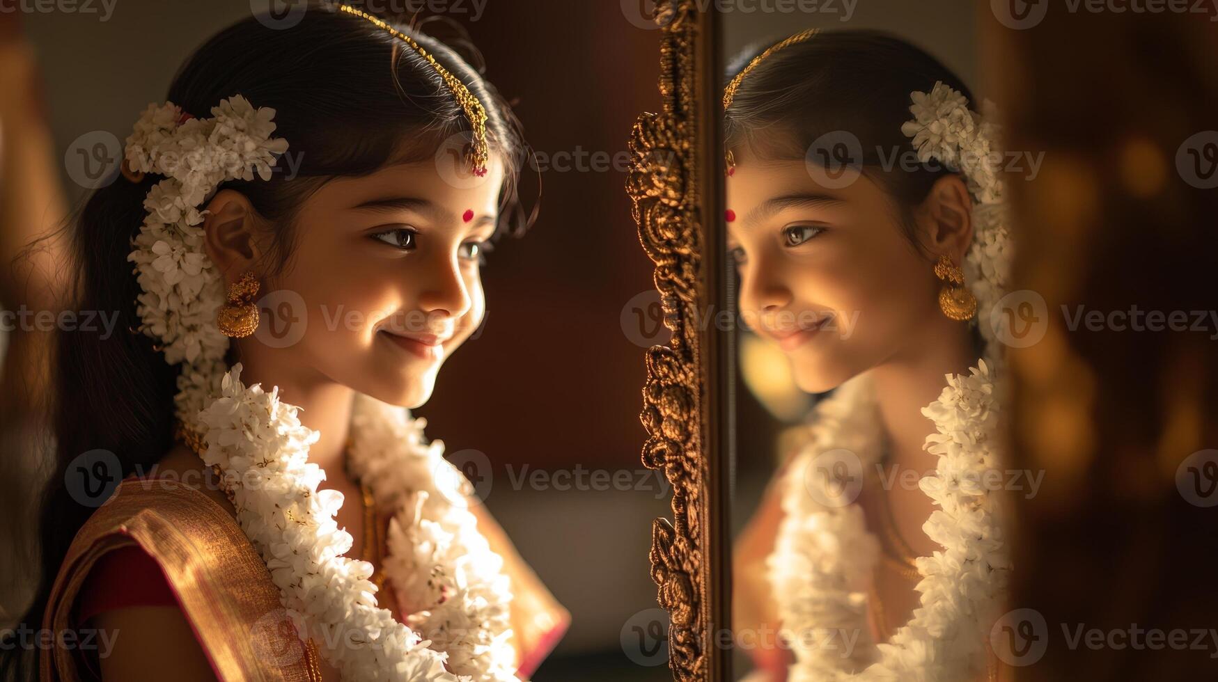 Portrait of a young girl adorned with jasmine flowers in reflective pose.Vishu day photo