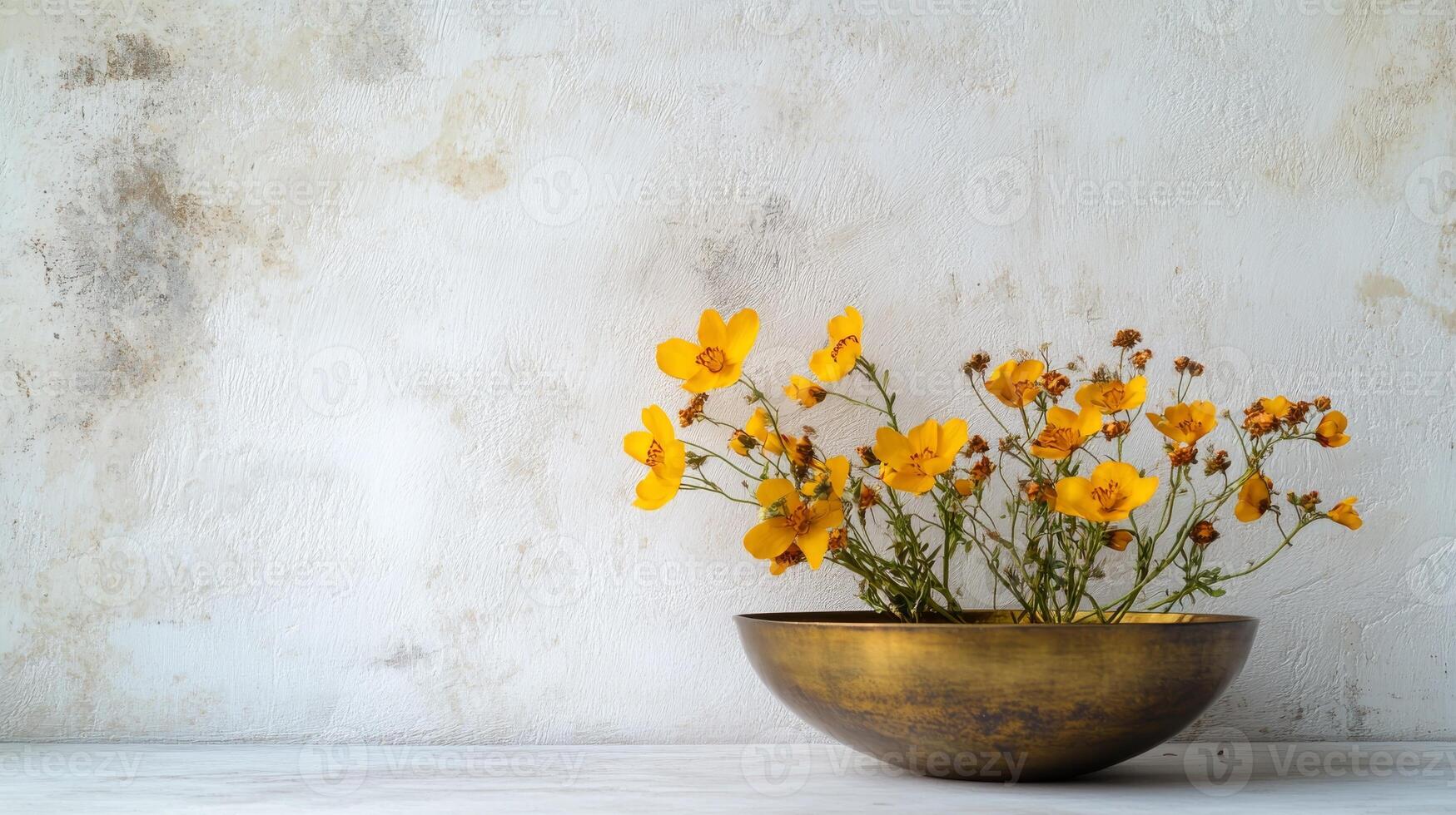 Minimalist artistic arrangement of golden yellow flowers in a bowl against a textured wall.Vishu day photo