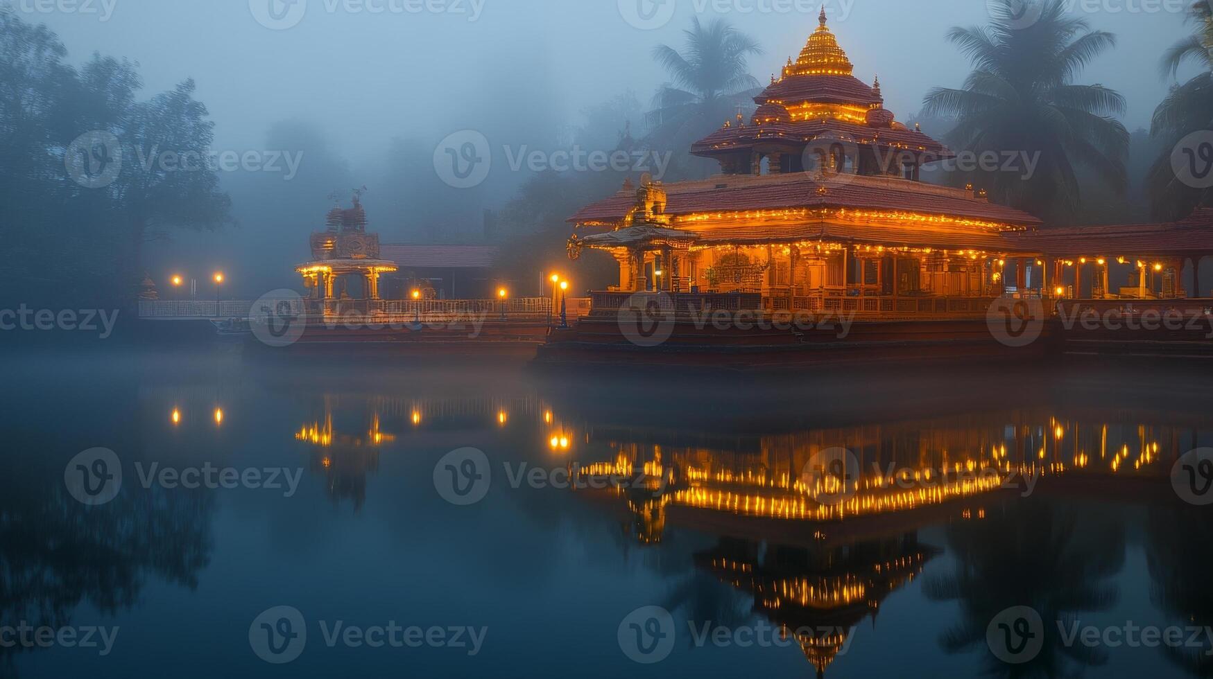Serene village temple at dawn with illuminated decor reflected in misty waters.Vishu day photo