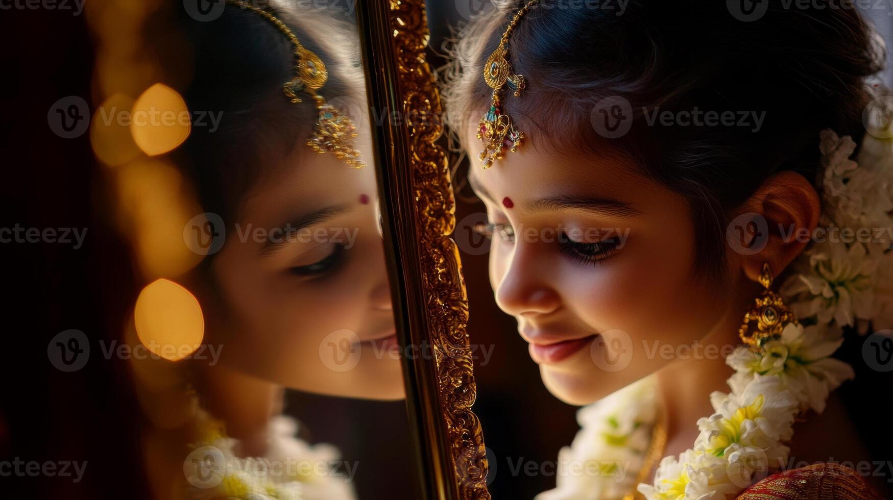 Portrait of a young girl with jasmine flowers in festive attire reflecting on a mirror.Vishu day photo