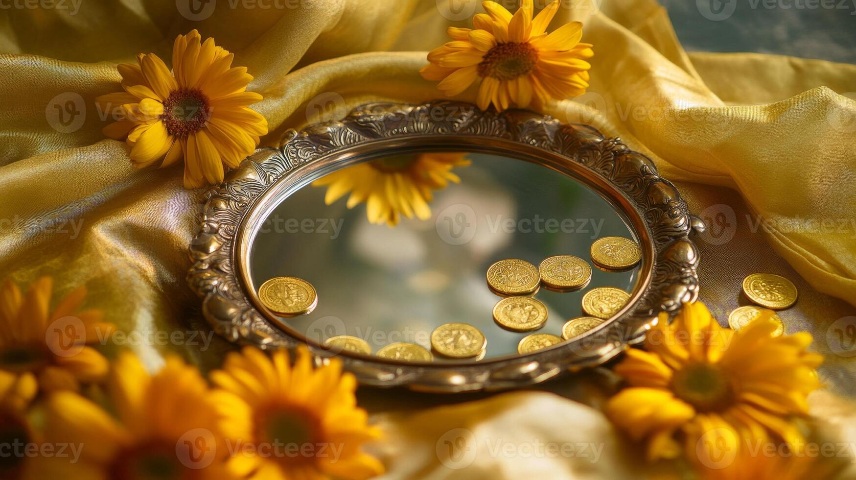 Traditional aranmula kannadi brass mirror with currency and sunflowers for decorative display.Vishu day photo