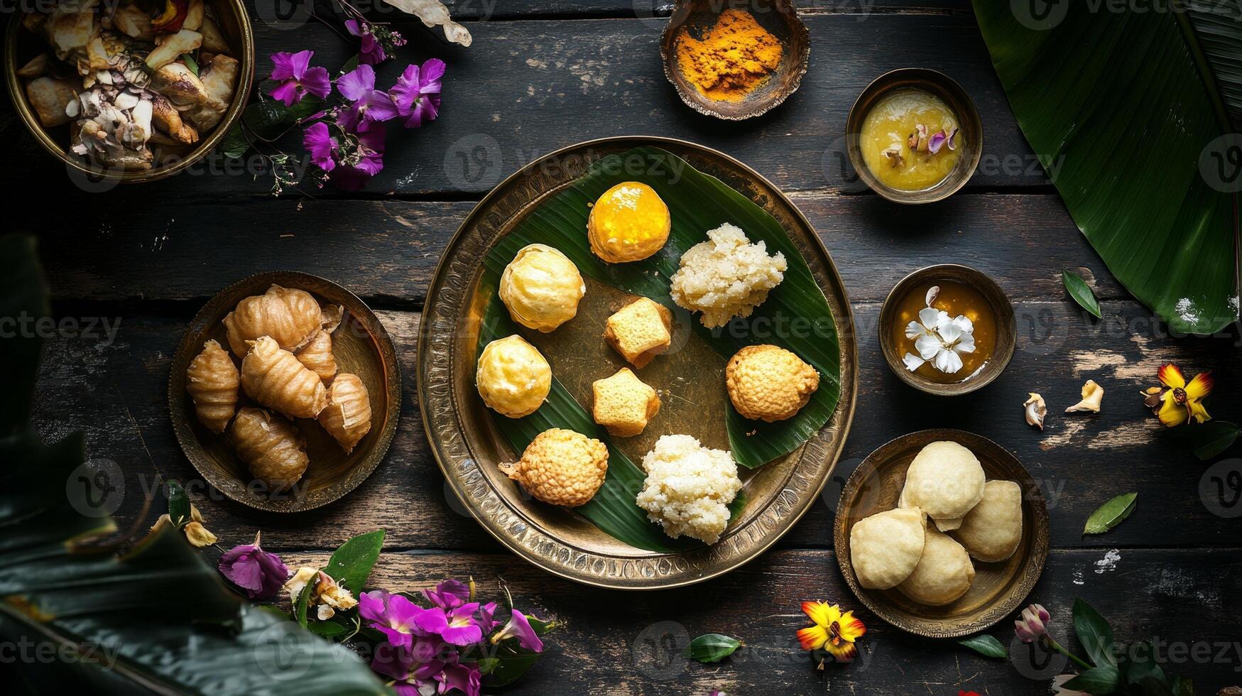 Traditional kerala sweet arrangement on banana leaf for festive celebration.Vishu day photo