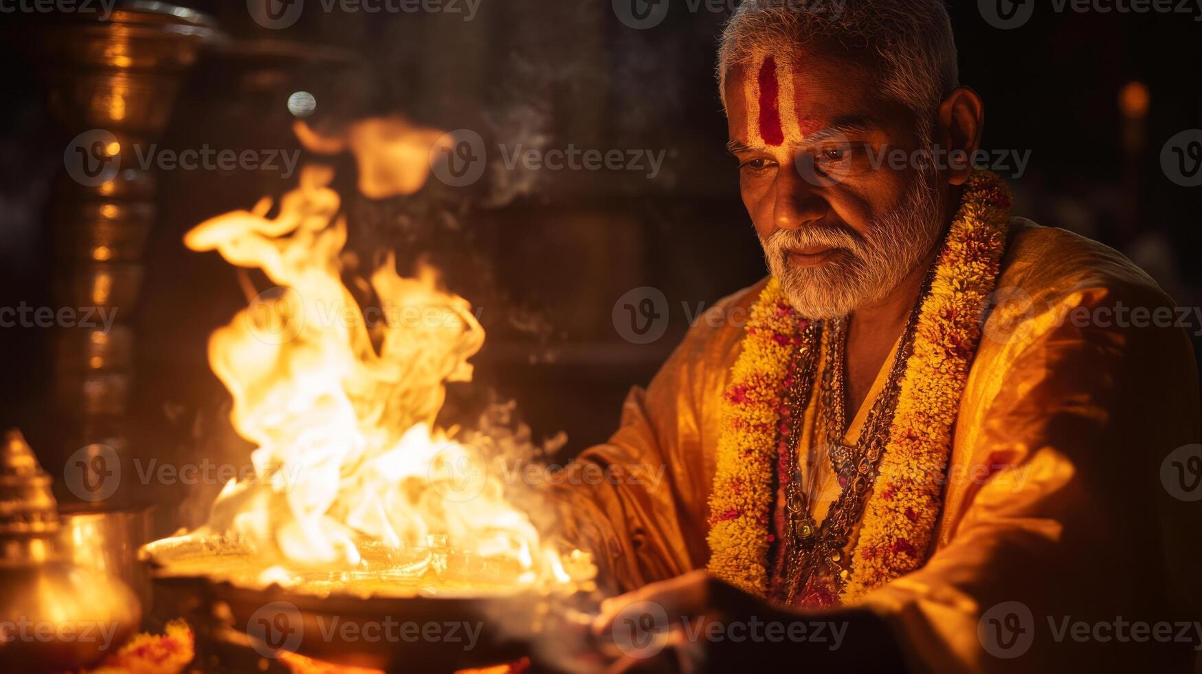 Traditional vedic ritual ceremony with priest performing sacred vishnu worship.Vishu day photo