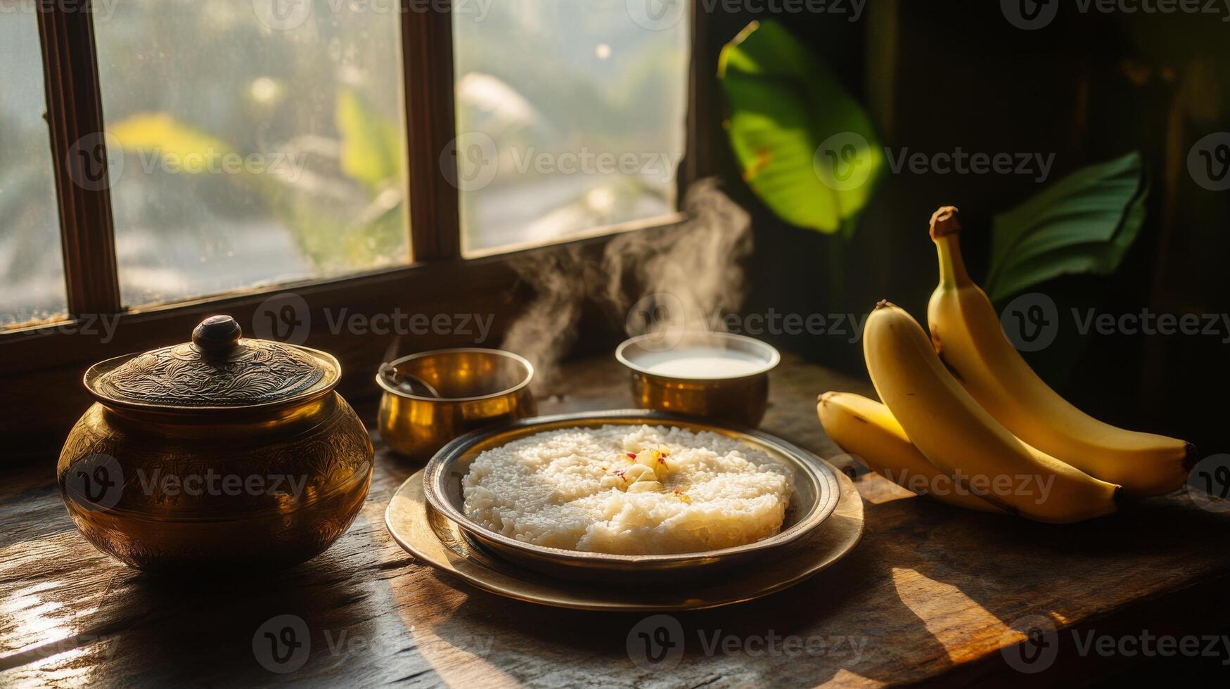 Traditional vishu breakfast with steaming rice and brass cutlery by a sunny window.Vishu day photo