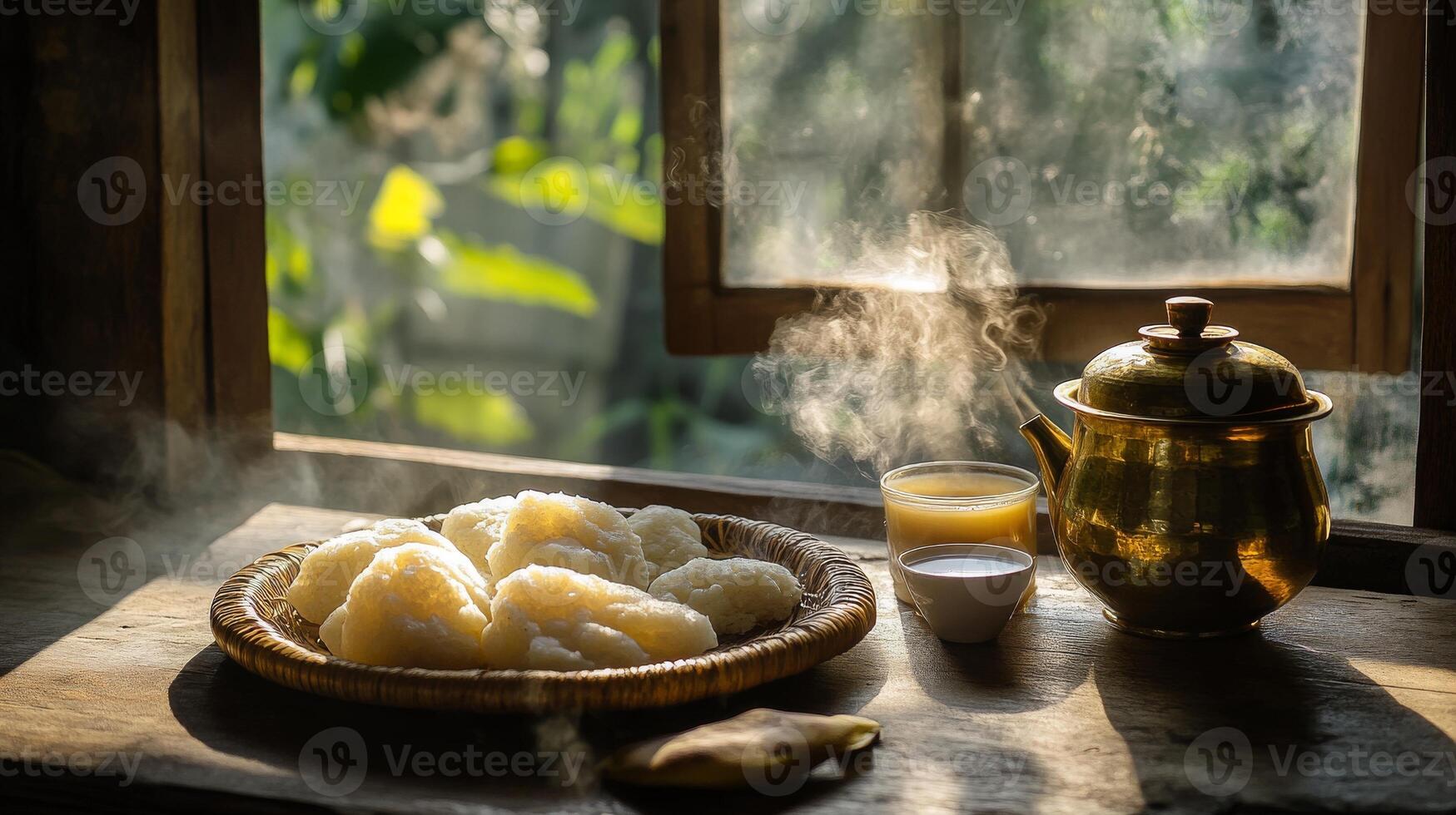 Traditional vishu breakfast scene with steaming dishes by a sunlit window.Vishu day photo