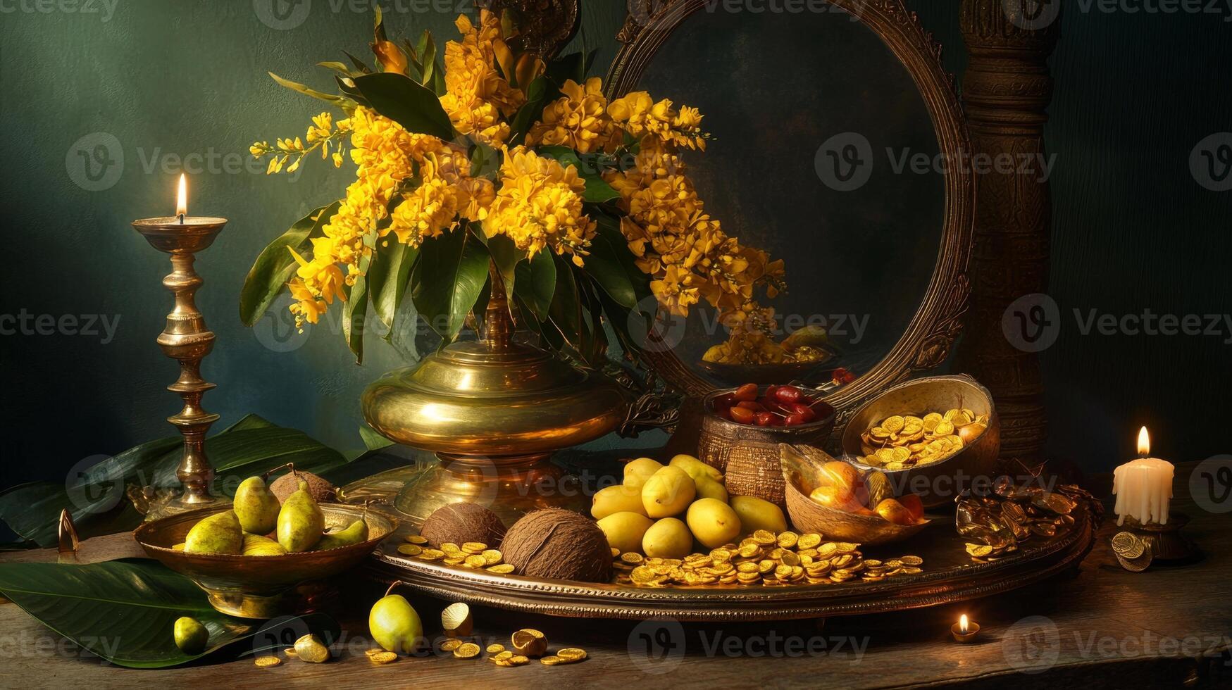 Traditional vishu kani arrangement with flowers, fruits, and lamps for festive celebration.Vishu day photo