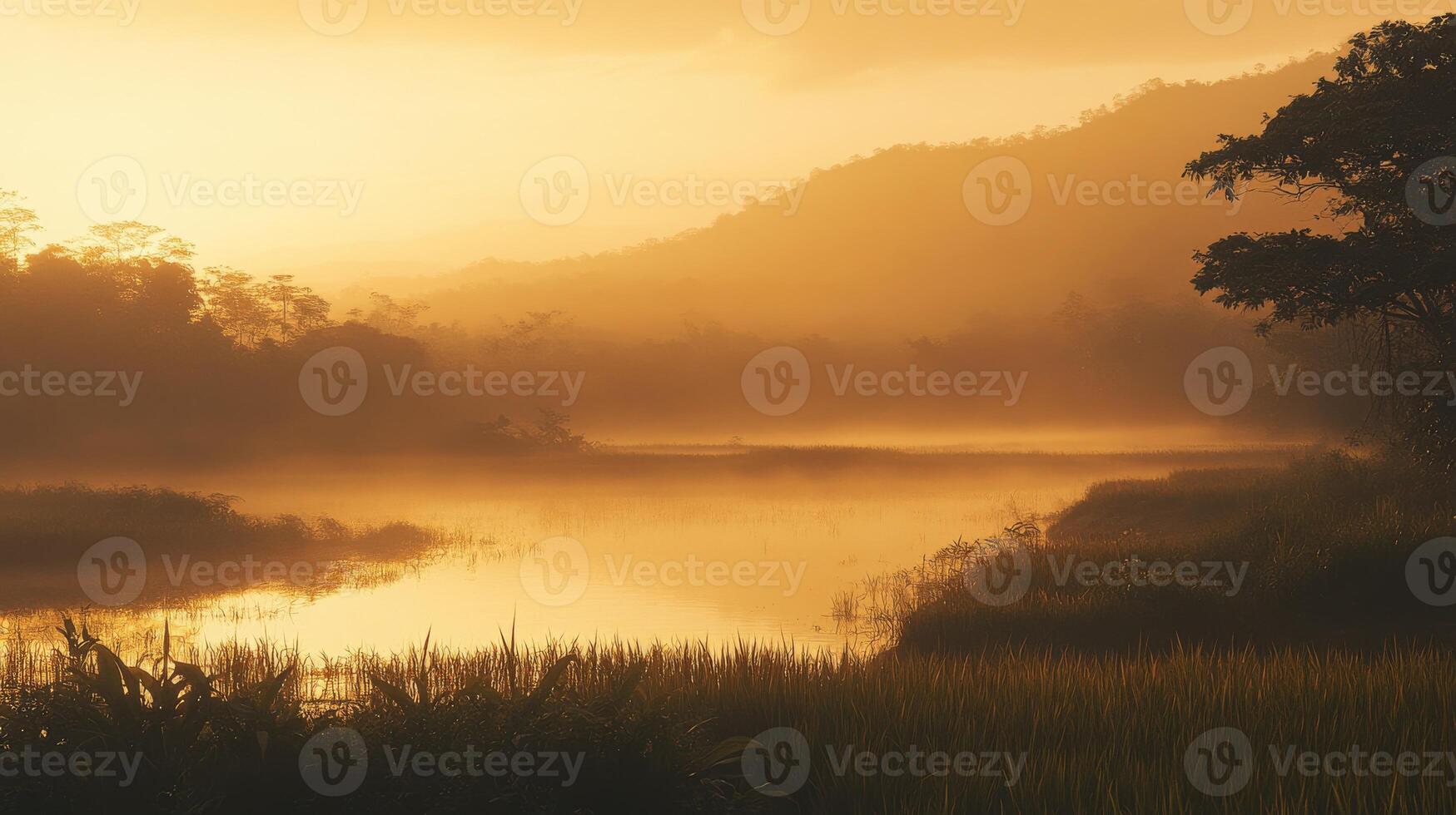 Tranquil sunrise over lush rice field and misty river in serene rural landscape.Vishu day photo