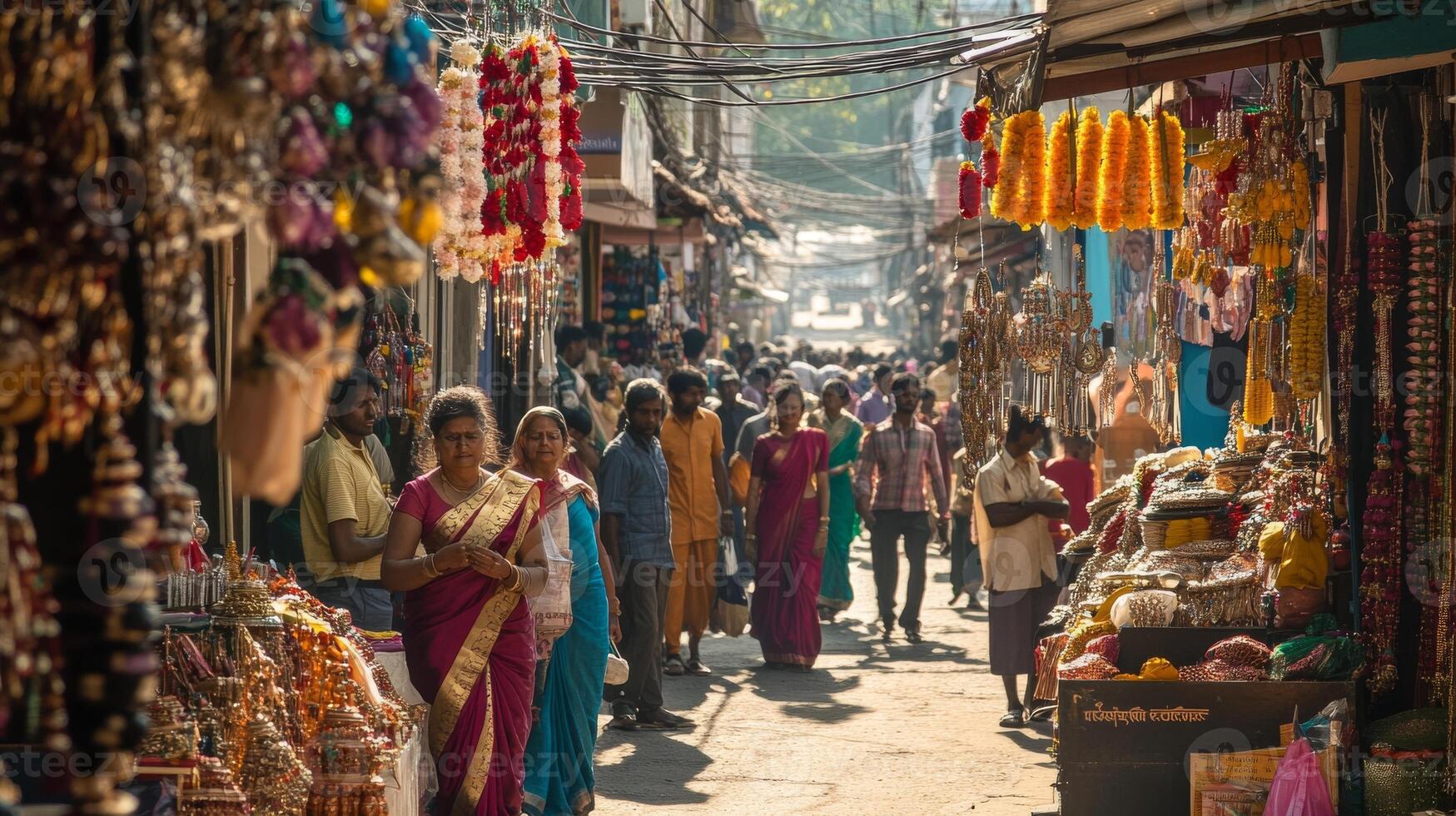 Vibrant vishu market scene festive shopping street bustling with activity.Vishu day photo