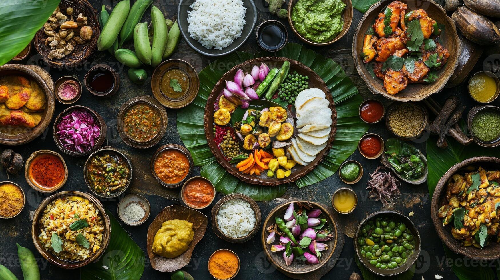 Vibrant overhead flat lay of colorful traditional asian cuisine for culinary inspiration.Vishu day photo