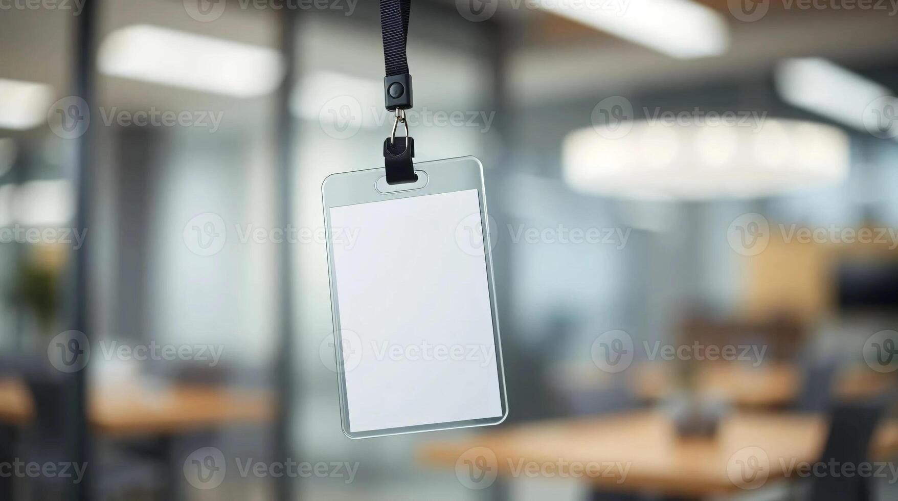 An empty white card hanging from a hook in an office photo