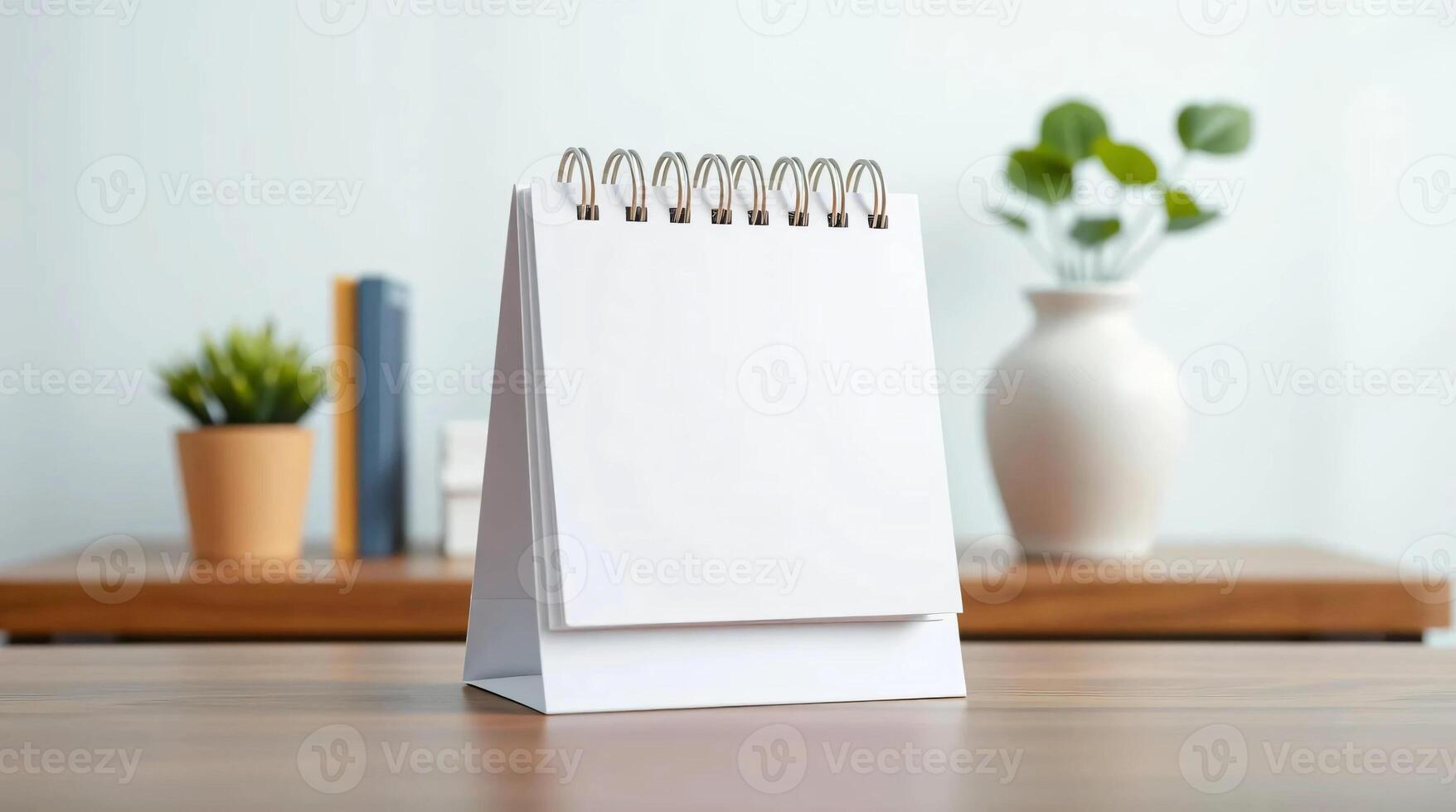 A white notepad on a desk with a plant photo