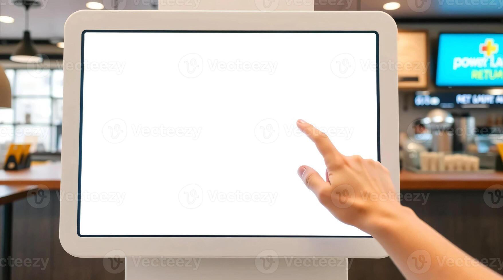 A person pointing at a tablet screen in a restaurant photo
