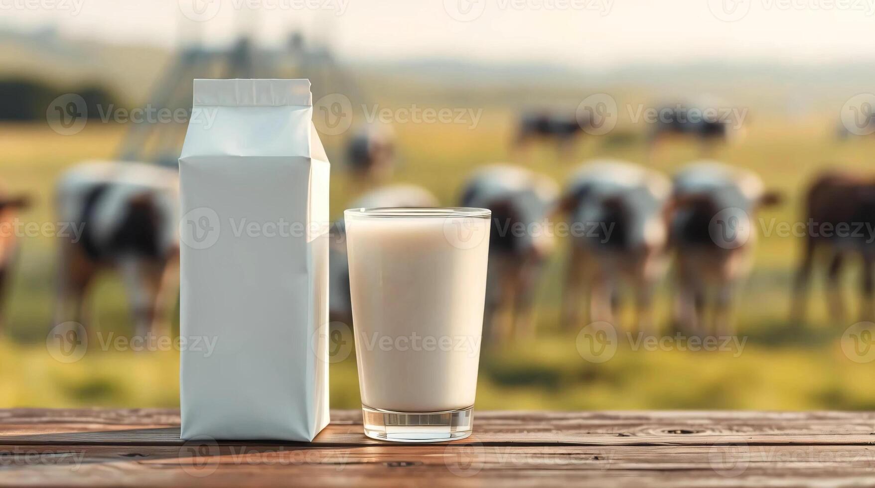A glass of milk and a bag of milk on a table photo