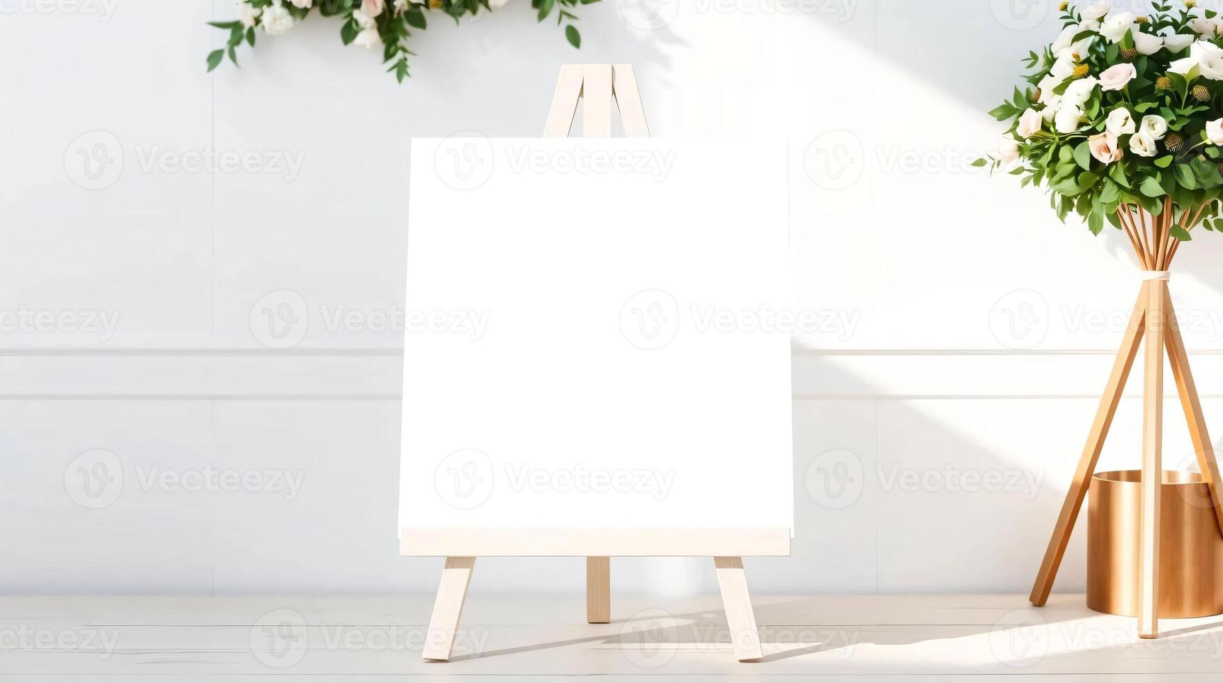 Blank canvas on easel in front of white wall photo
